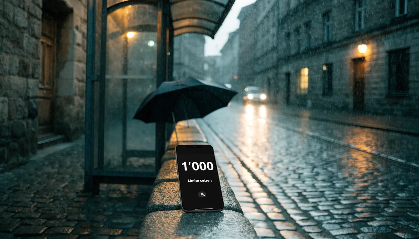 Eine Tramhaltestelle bei Regen in einer Altstadtgasse, das Kopfsteinpflaster glänzt und ein einzelner Regenschirm lehnt an einem Mäuerchen.