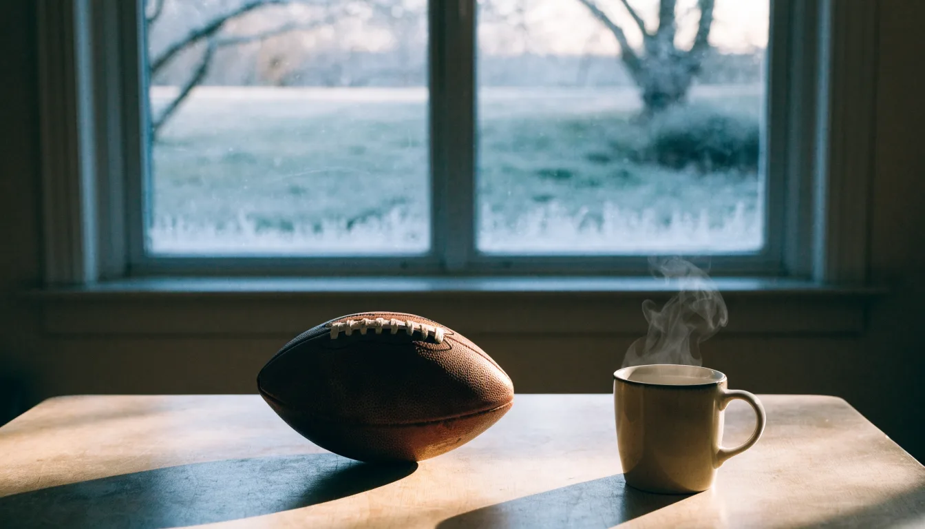 Ein Kaffeebecher und ein Football stehen auf einem Küchentisch am Morgen, durch das Fenster sieht man einen Garten mit Raureif.