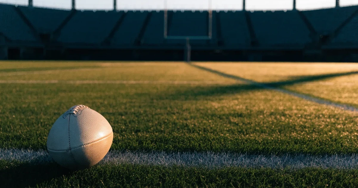 Ein ovaler Football liegt auf frisch gemähtem Rasen neben einer weissen Linie, im Hintergrund stehen leere Flutlichtmasten im Abendlicht.
