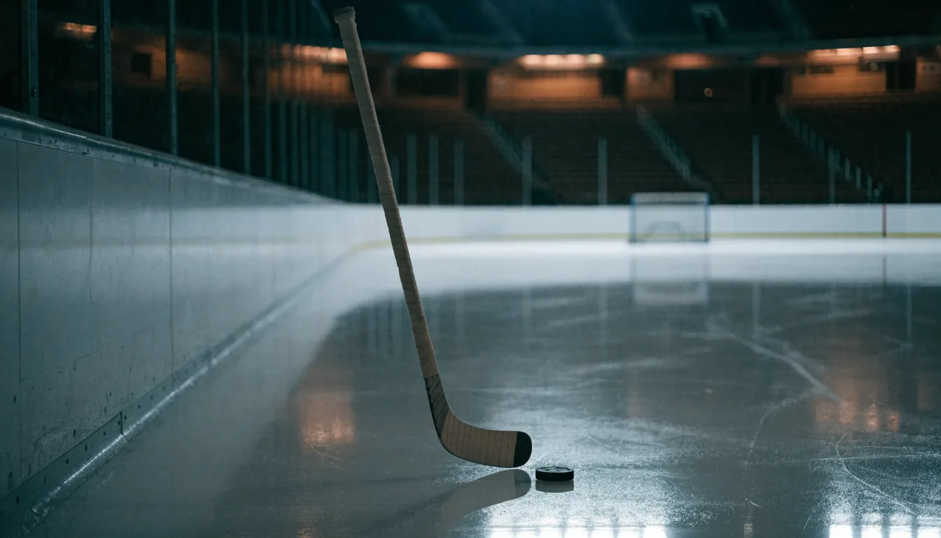 Ein Eishockeyschläger lehnt an der Bande, in der Ferne liegt die hell beleuchtete Eisfläche einer Halle unter Flutlicht.