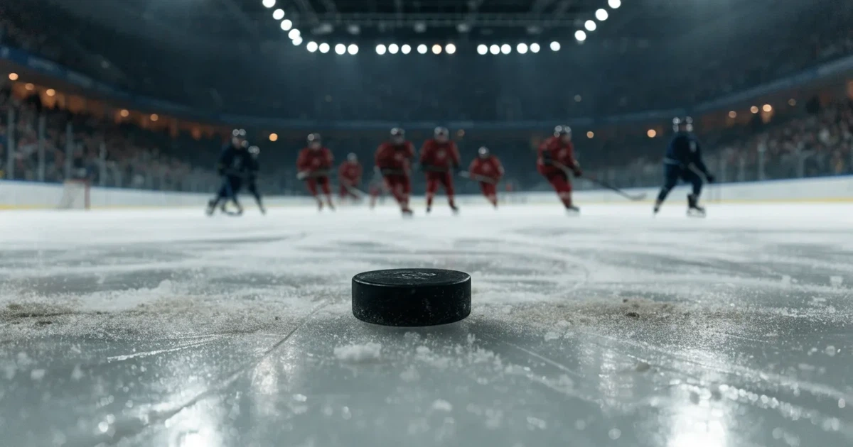 Ein Eishockeypuck liegt auf einer glatten Eisfläche, im Hintergrund erheben sich die dunklen Ränge einer leeren Halle.