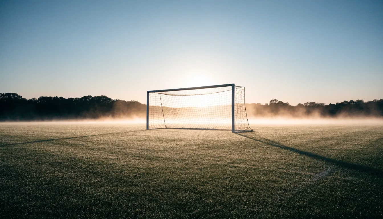 Ein Fussballtor mit Netz in der Totalen auf einem leeren Platz, Tau glänzt im Gras und die Morgensonne steht tief.