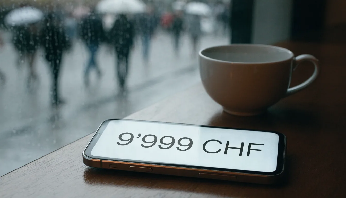 Ein Café-Tisch am Fenster mit einer Teetasse, draussen ein nasser Gehweg und Passanten mit Regenschirmen in unscharfer Ferne.