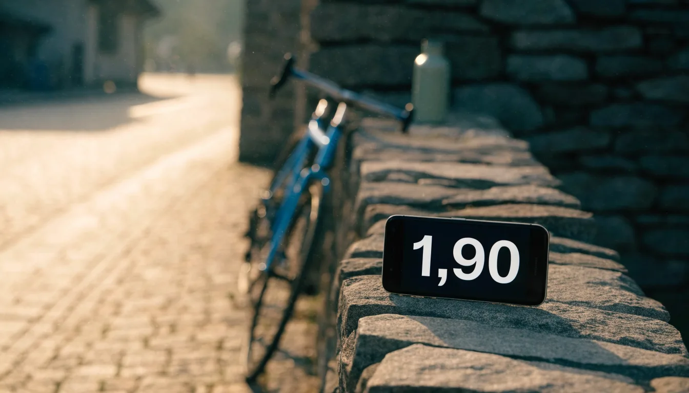 Ein Rennrad lehnt an einer Steinmauer am Rand eines Dorfplatzes, daneben eine Trinkflasche im ersten Sonnenlicht.