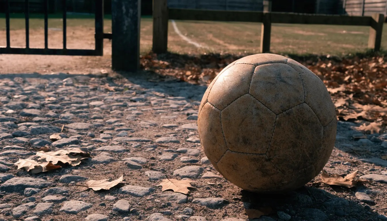 Ein abgenutzter Fussball liegt auf einem Kiesweg neben dem Eingang eines Vereinsplatzes, Laub liegt auf dem Boden.