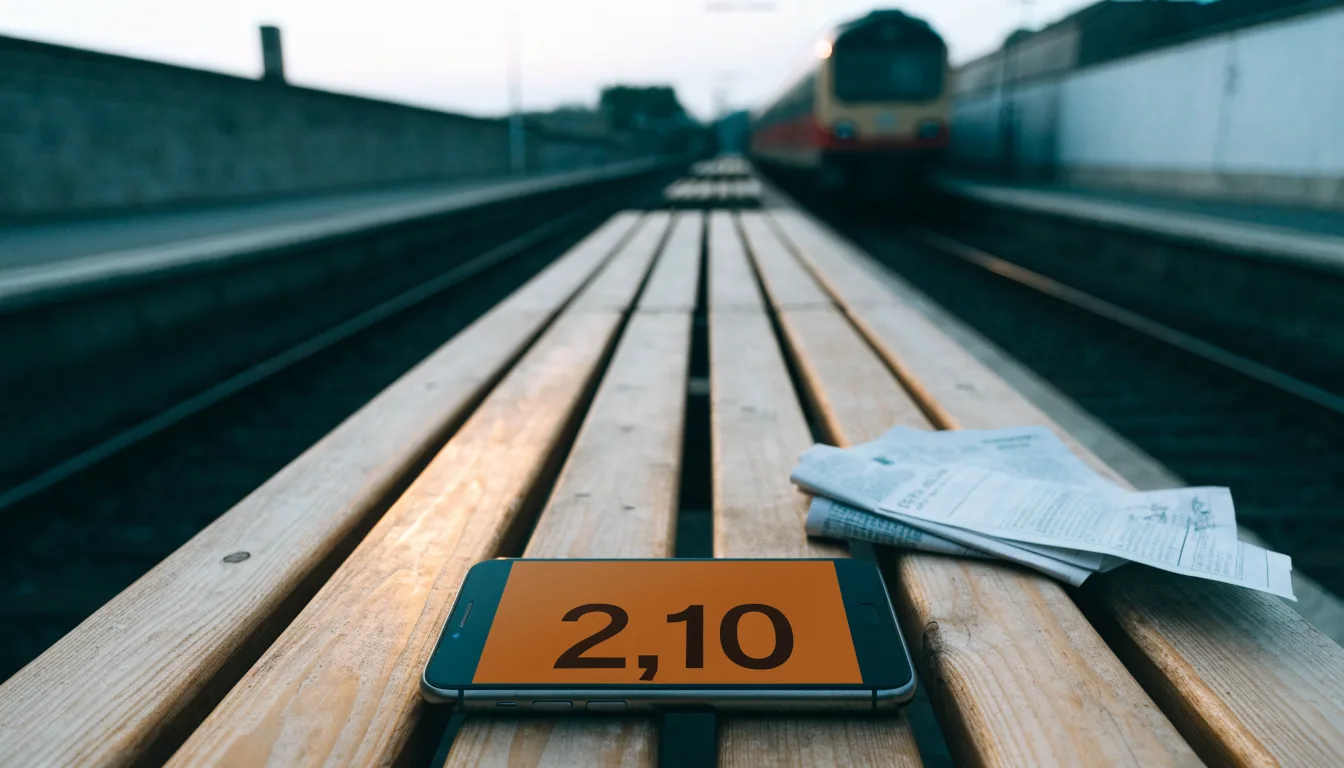 Ein Bahnsteig mit leeren Bänken an einem Regionalbahnhof am Morgen, ein Zug fährt in der Ferne ein.