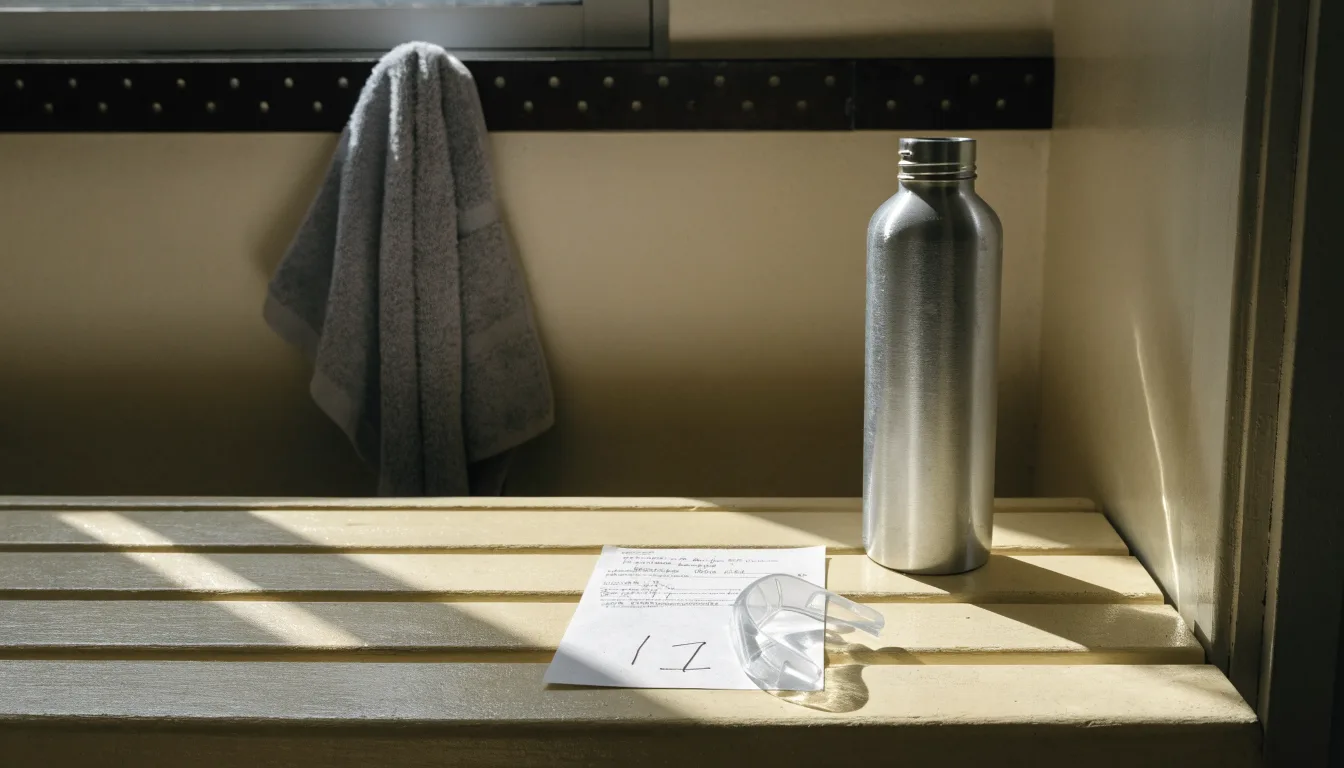 Ein Mundschutz liegt auf einer Holzbank neben einer Trinkflasche in einer schlichten Kabine, durch das Fenster fällt Morgenlicht.