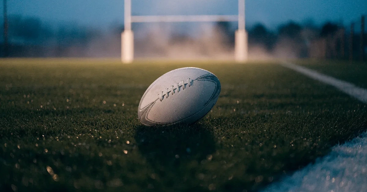Ein ovaler Rugbyball liegt auf feuchtem Rasen vor zwei hohen Torstangen, hinter dem Spielfeld steigen Nebelschwaden auf.