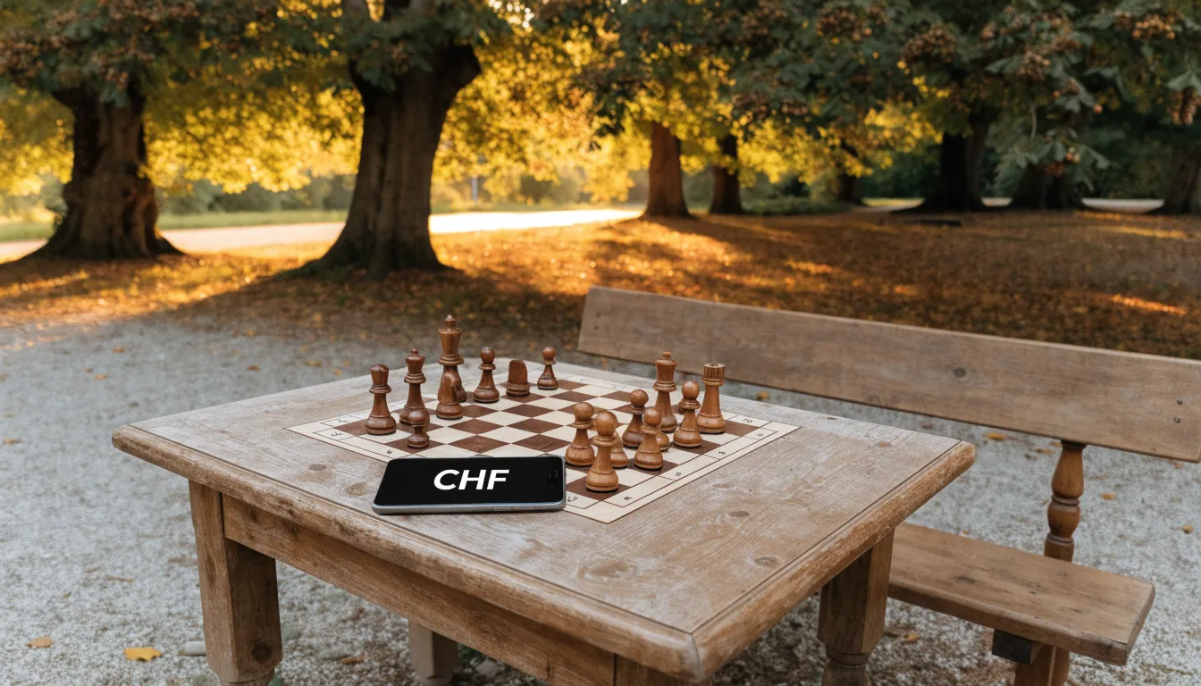 Ein Parkbank-Tisch mit eingelassenem Spielfeld unter alten Kastanien, auf den Wegen liegt Laub und die Sonne steht tief.