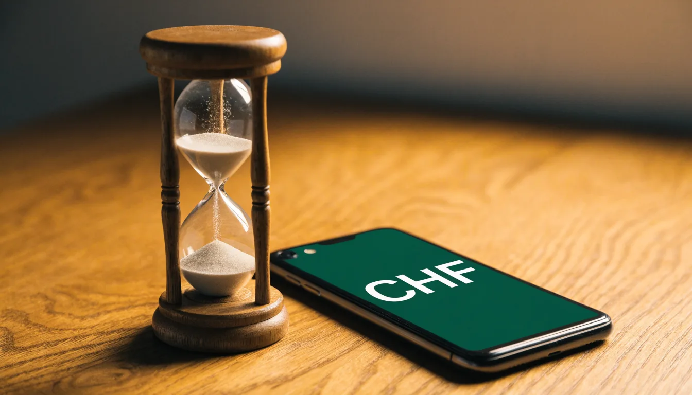 Eine Sanduhr steht auf einem Holztisch neben einem umgedrehten Smartphone, warmes Licht fällt von der Seite ein.
