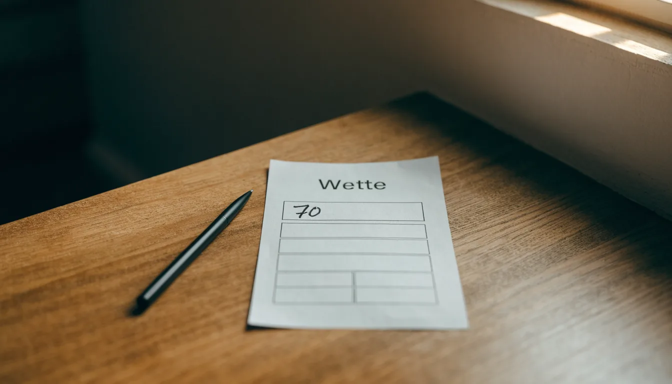 Ein leerer Wettschein aus Papier und ein Kugelschreiber liegen auf einer hölzernen Theke im Nachmittagslicht.
