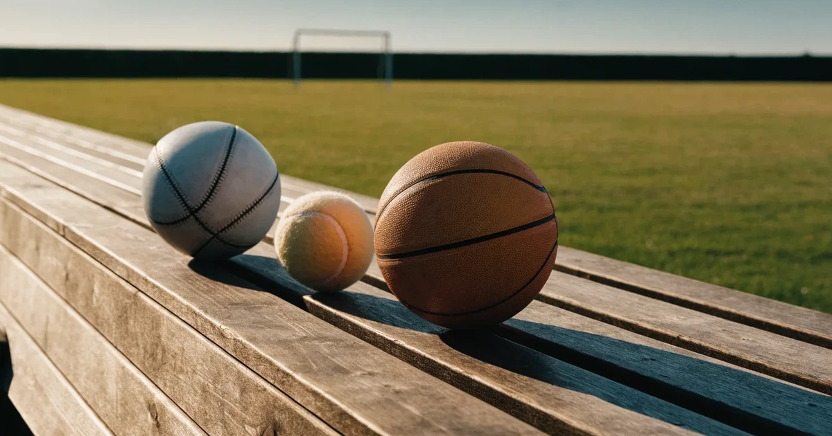 Drei Sportbälle, ein Fussball, ein Tennisball und ein Basketball, liegen nebeneinander auf einer Holzbank.
