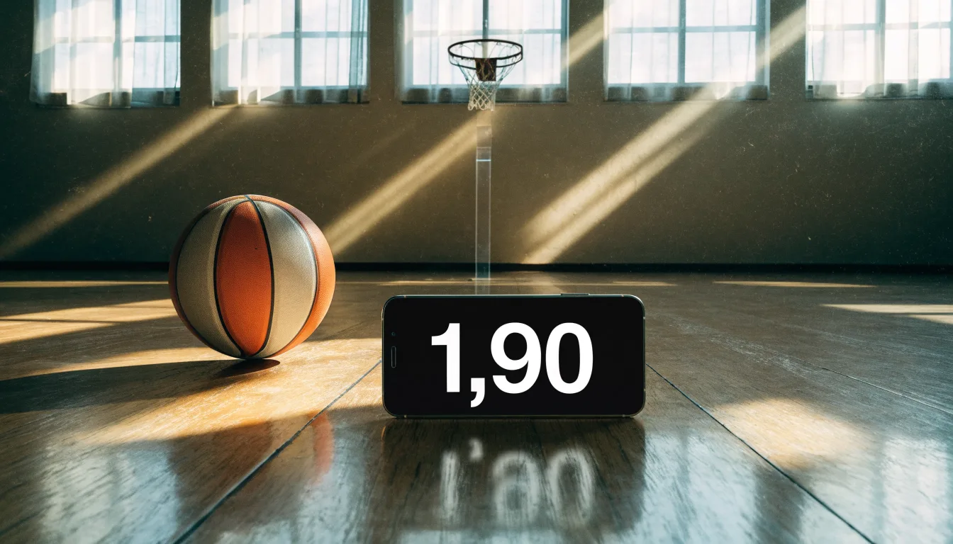Ein Basketballkorb hängt in einer leeren Turnhalle, durch hohe Fenster fällt Licht auf das Holzparkett.