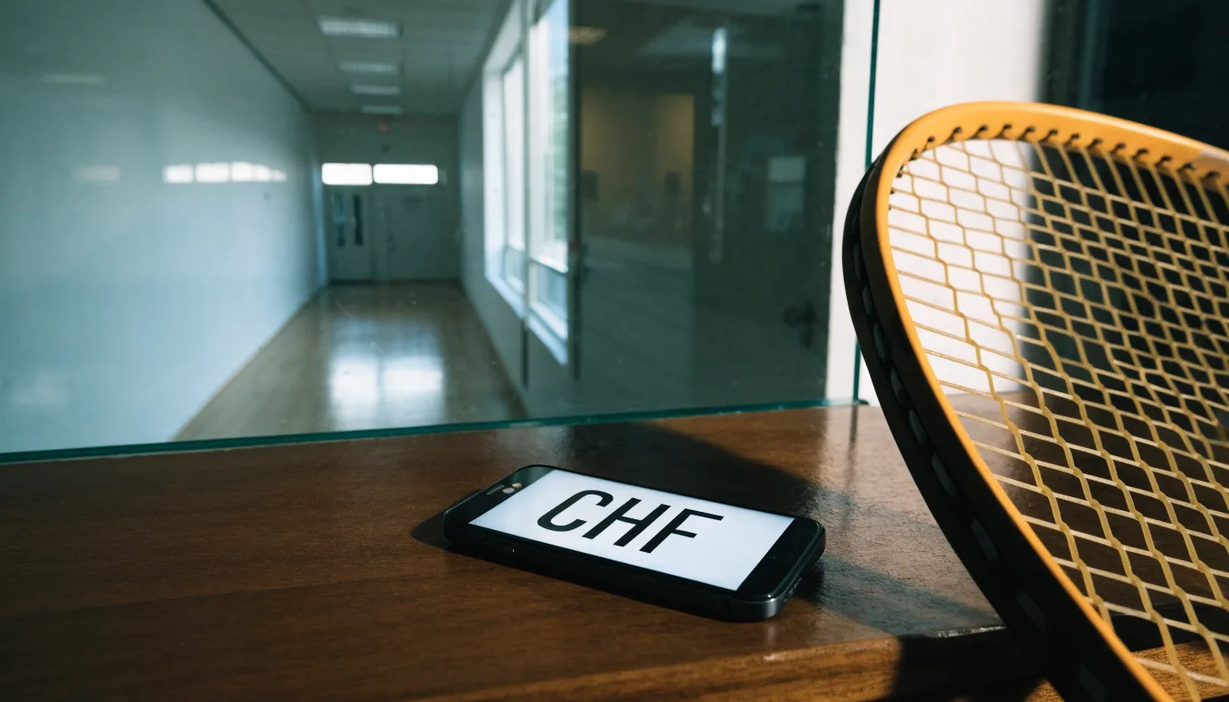 Ein Squashschläger lehnt an der Glaswand eines leeren Courts, draussen fällt Tageslicht in den Gang.