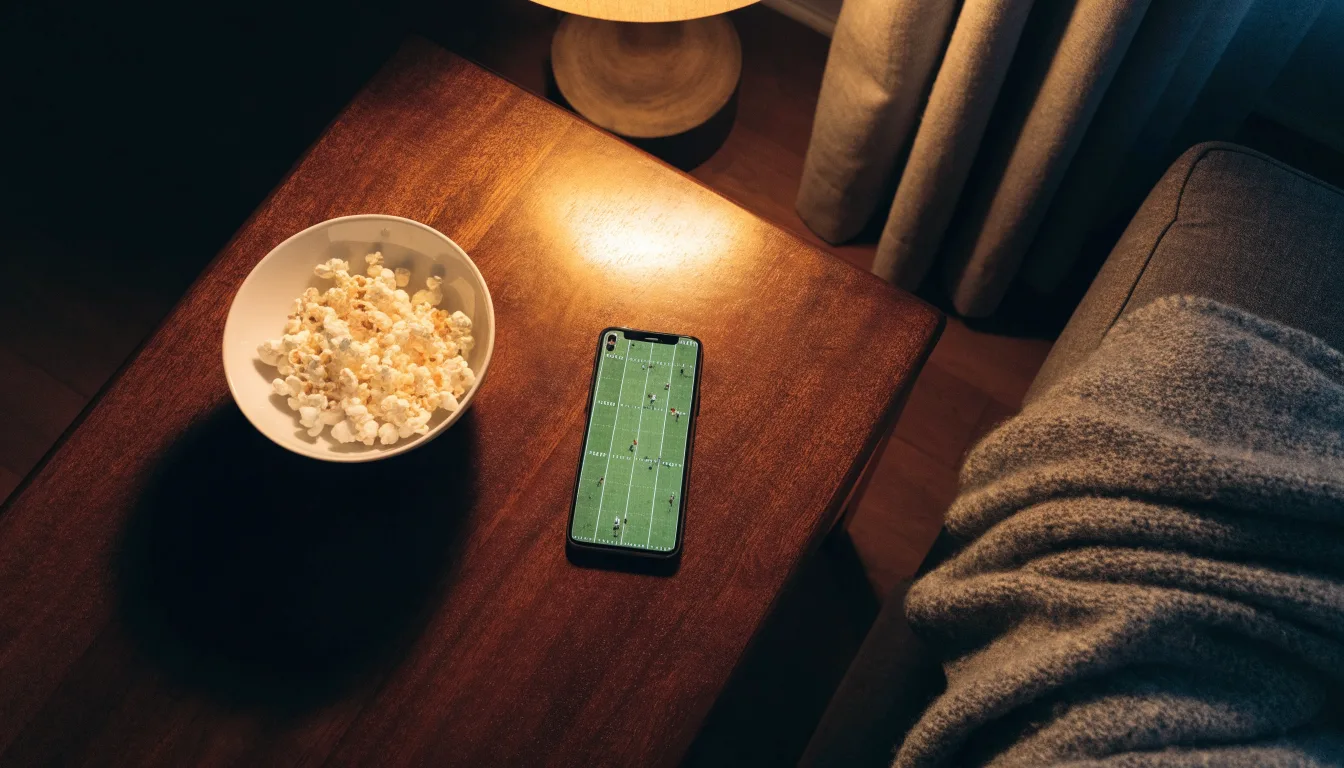 Ein Sofa mit Wolldecke und eine Schale Popcorn auf dem Couchtisch in einem Wohnzimmer bei Lampenlicht am späten Abend.