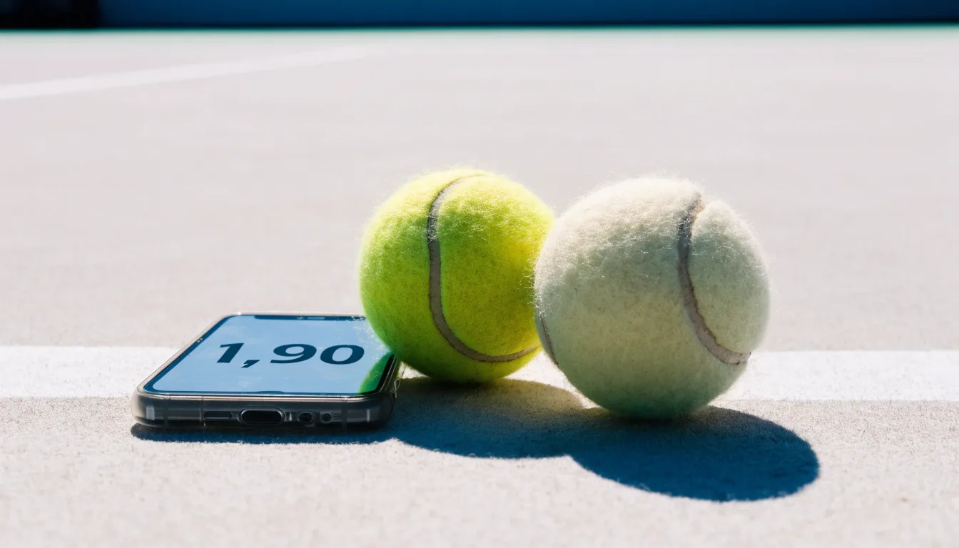 Zwei Tennisbälle liegen auf der weissen Grundlinie eines Hartplatzes im grellen Sonnenlicht.
