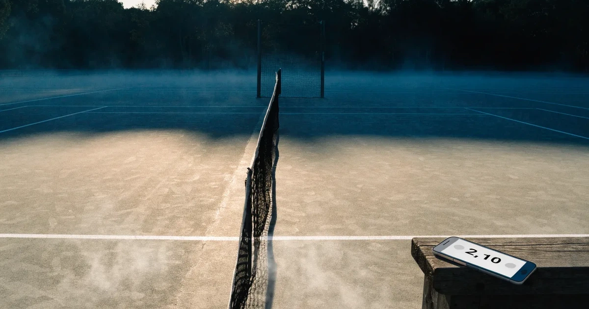 Ein leerer Tennisplatz im Morgengrauen, der Netzschatten fällt lang über den Platz, über der Grundlinie liegt leichter Nebel.