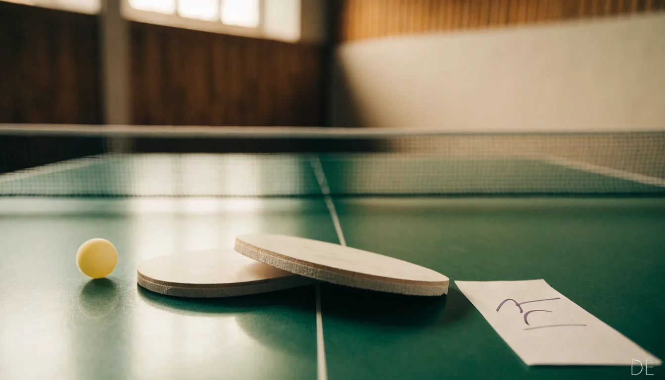 Zwei Tischtennisschläger liegen gekreuzt am Rand einer Platte, daneben ein kleiner weisser Ball.