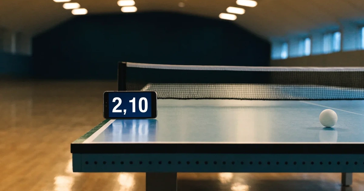 Eine Tischtennisplatte mit Netz in einer leeren Sporthalle, ein heller Ball liegt auf einer Seite, Deckenlicht spiegelt sich im Hallenboden.
