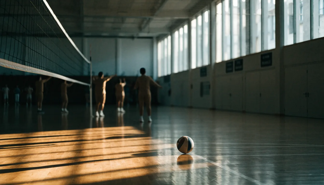 Eine Sporthalle mit gespanntem Volleyballnetz über poliertem Holzboden, hohe Fenster lassen Tageslicht herein.