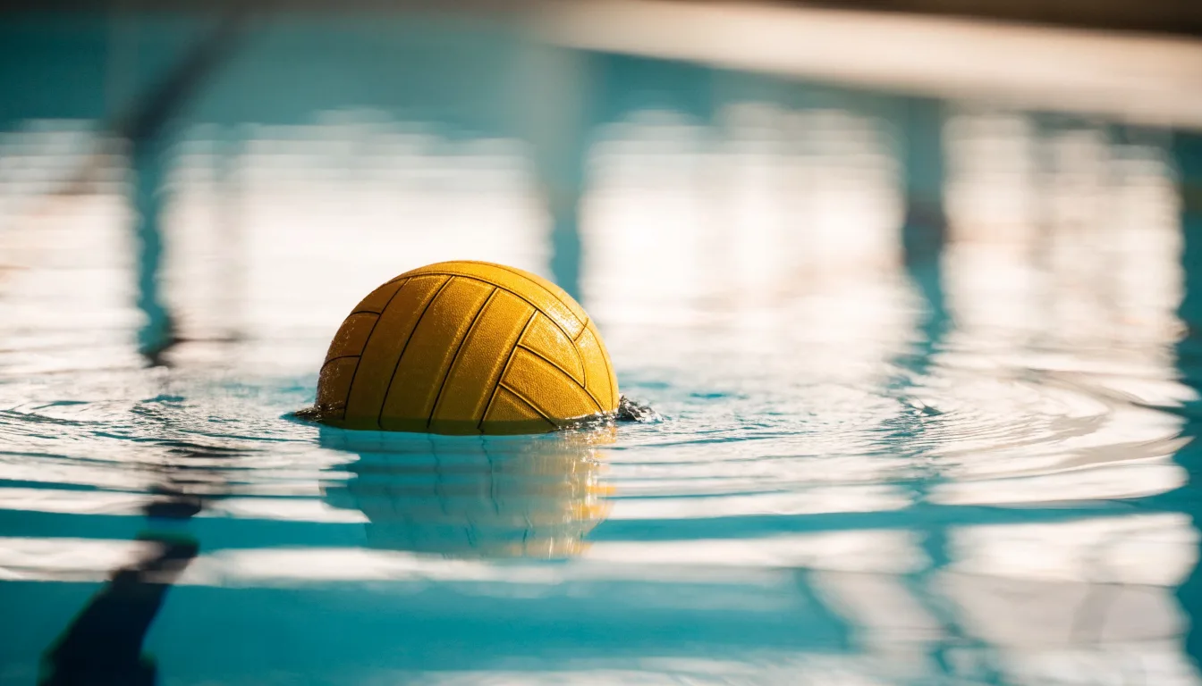 Ein gelber Ball treibt auf ruhigem türkisfarbenem Beckenwasser, feine Wellen im weichen Licht.
