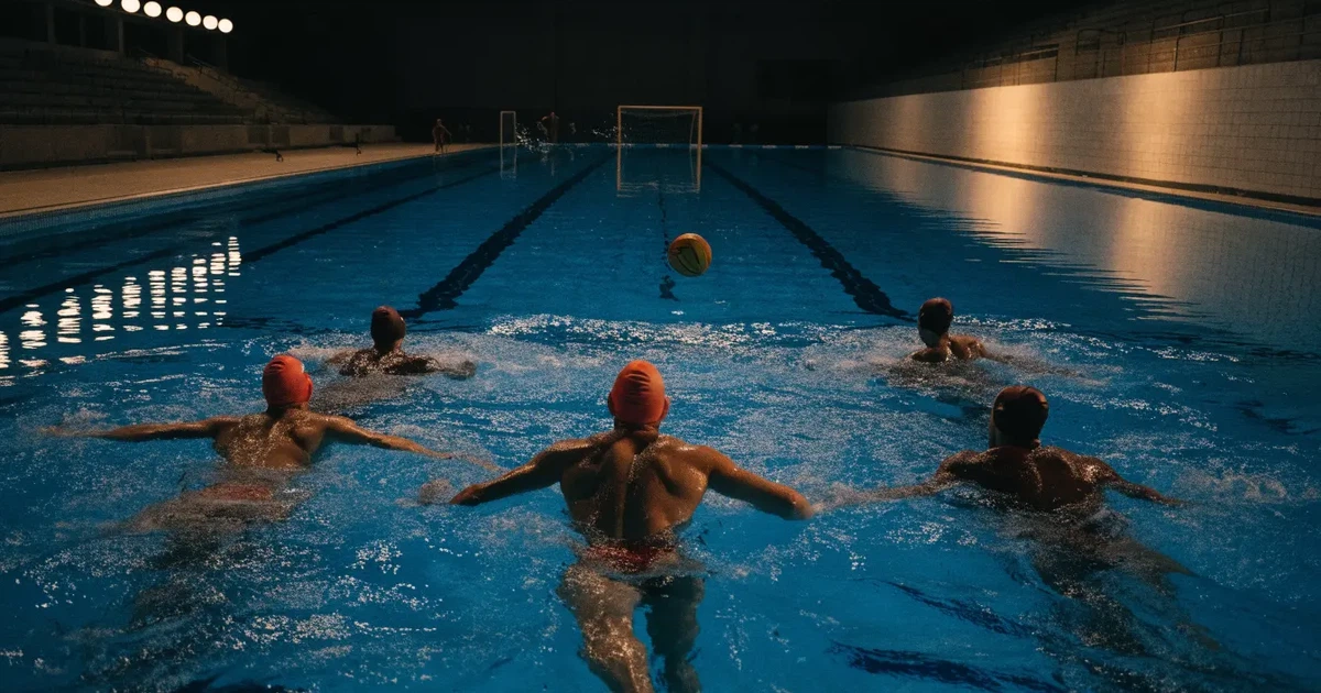 Ein Wasserballbecken am Abend mit zwei schwimmenden Torrahmen an den Enden, ruhiges blaues Wasser, leere Ränge.