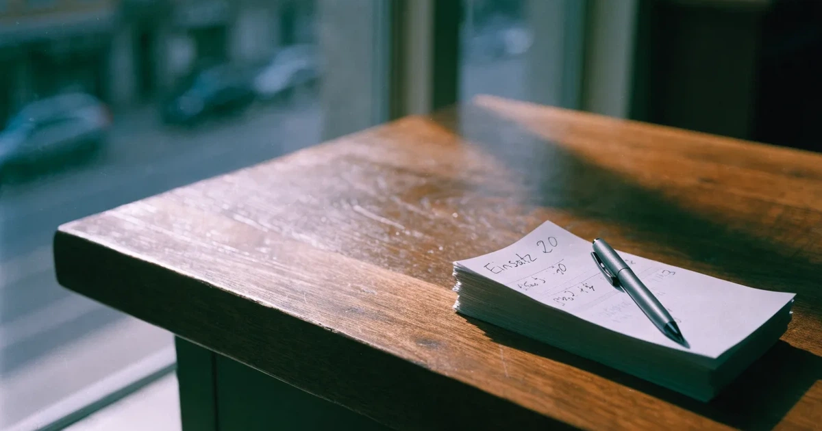 Ein leerer Ladentisch aus Holz mit einem Stapel unbeschriebener Papierzettel und einem Kugelschreiber, durch das Schaufenster fällt Tageslicht.