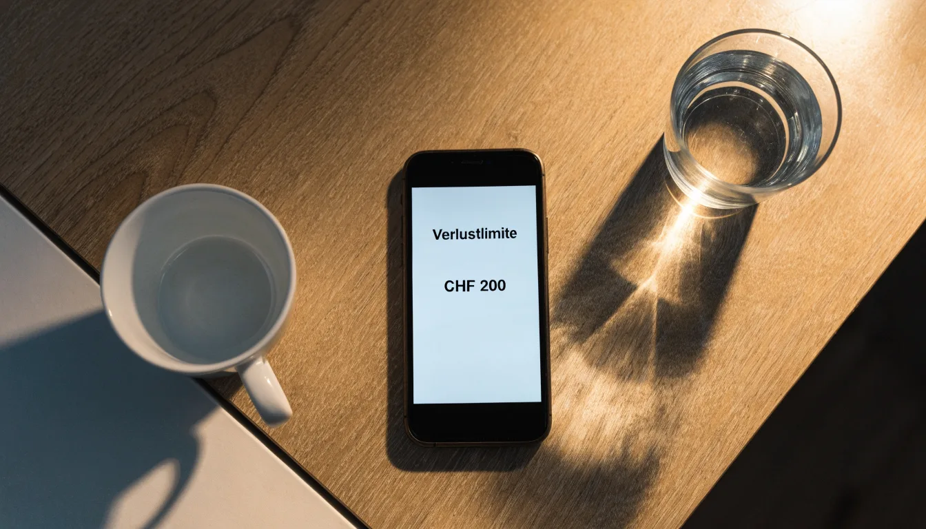 Ein Smartphone mit dunklem Display liegt neben einer Kaffeetasse und einem Glas Wasser auf einem Holztisch im Licht einer Lampe.