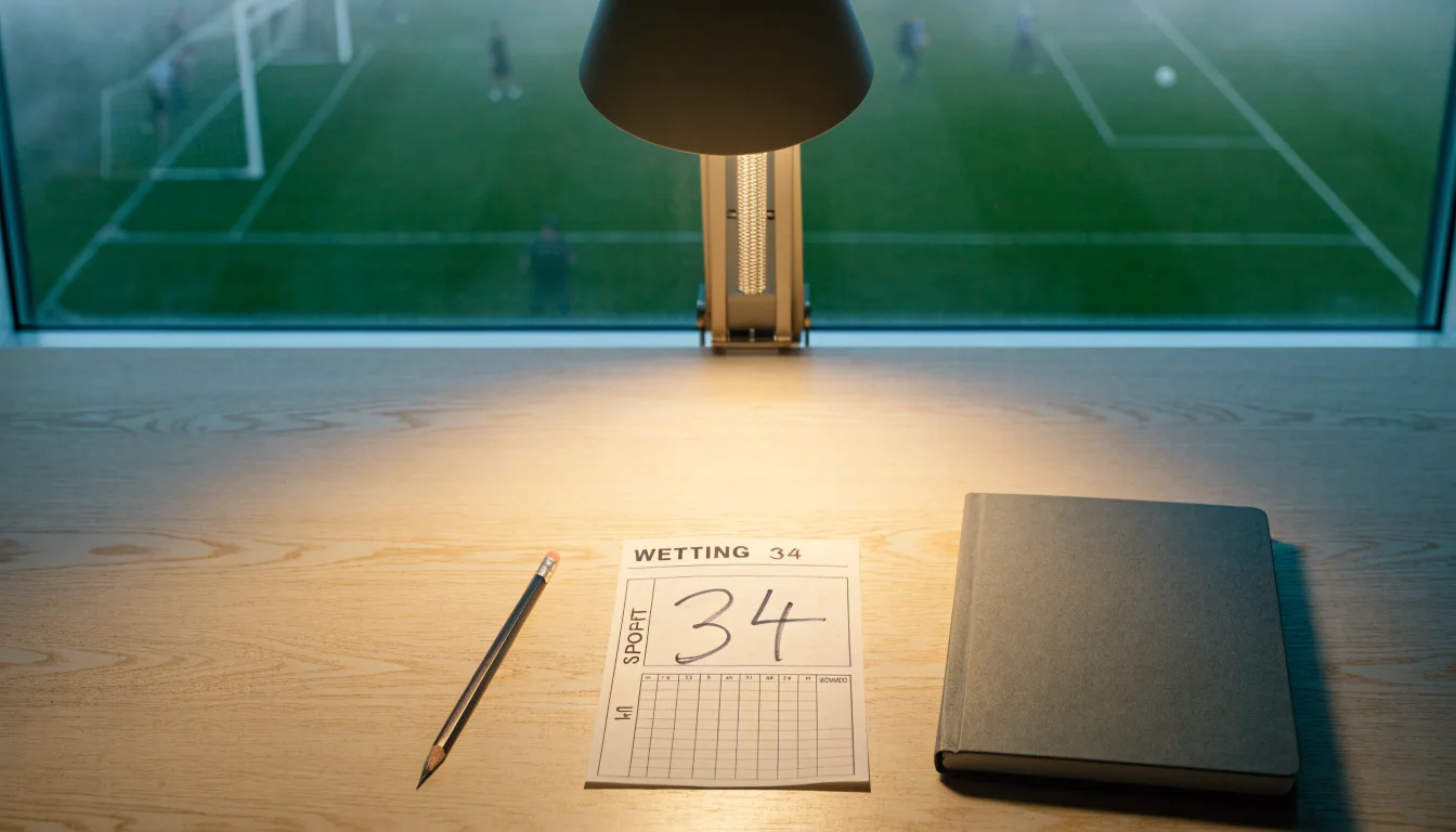 Ein Schreibtisch am Fenster mit Schreibtischlampe, Bleistift und leerem Block, draussen liegt ein Fussballplatz im Dunst.