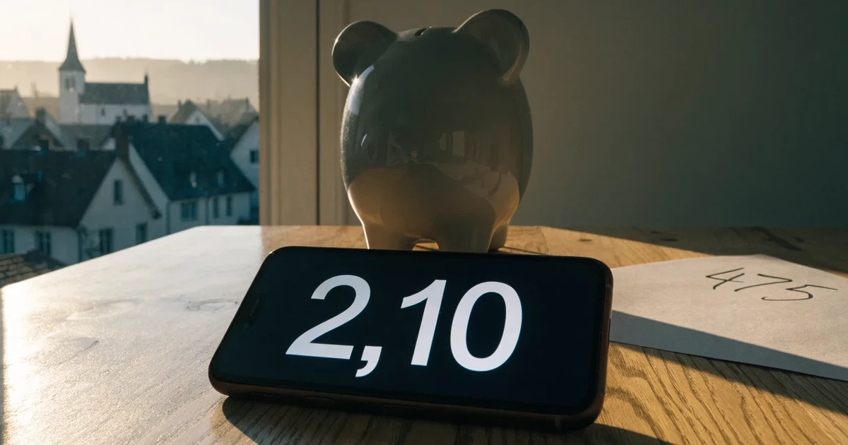 Ein Sparschwein aus Keramik steht auf einem Küchentisch neben einem Smartphone mit dunklem Display, im Fenster dahinter ein Schweizer Dorf im Morgenlicht.