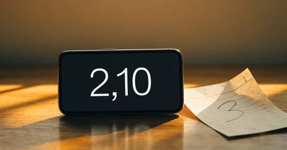 Ein kleines Geschenk mit Schleife steht auf einem Holztisch neben einem Smartphone mit dunklem Display im Seitenlicht.