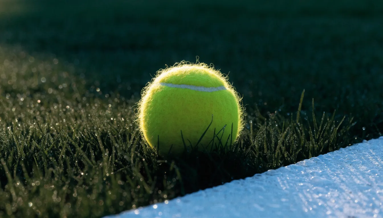 Ein gelber Tennisball liegt im Gras neben der weissen Grundlinie, Tau glitzert auf den Halmen im flachen Sonnenlicht.