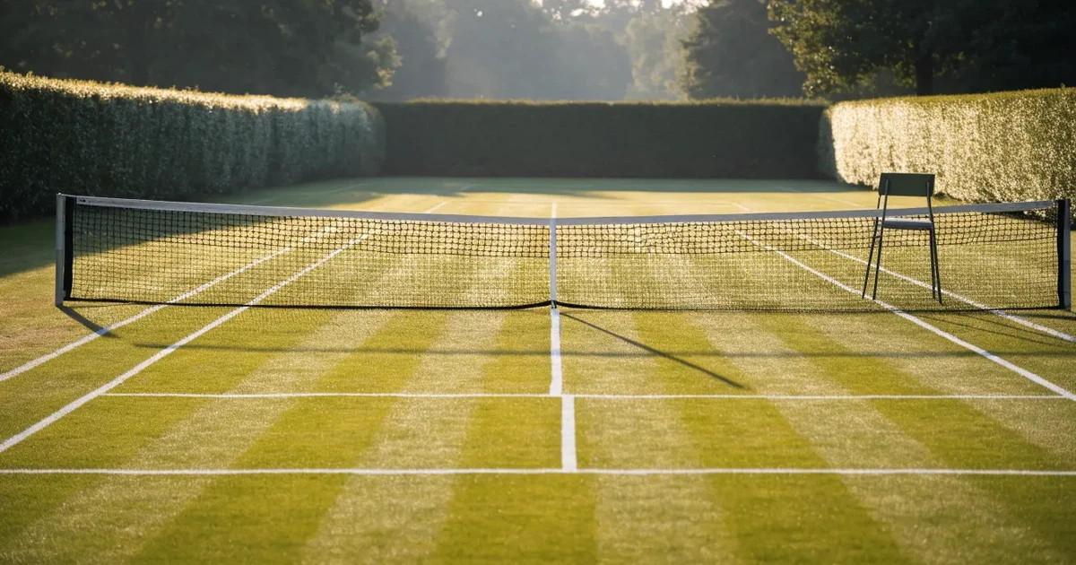 Ein Tennisplatz aus Rasen im ersten Morgenlicht mit frisch gezogenen Linien, einem Netz und einem leeren Schiedsrichterstuhl, dahinter hohe Hecken.