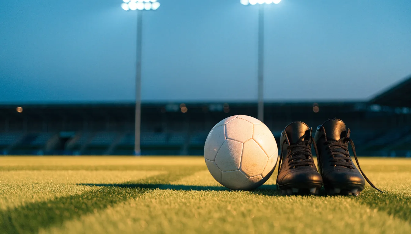 Ein Fussball und ein Paar Stollenschuhe stehen am Rand eines Kunstrasenplatzes, Flutlichtmasten ragen in den Abendhimmel.