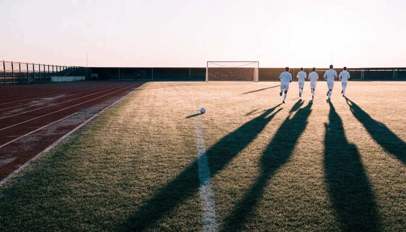 Eine rote Laufbahn umringt ein Fussballfeld beim Sonnenaufgang, auf dem Rasen liegt Tau.