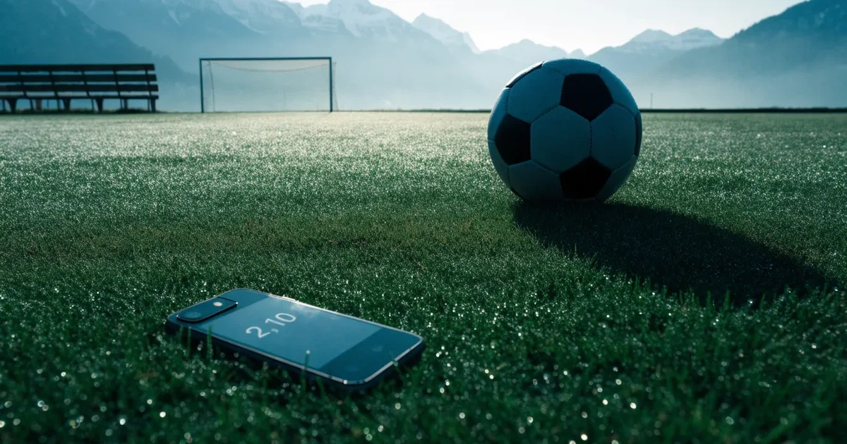 Ein Fussball liegt am frühen Morgen auf dem Rasen eines leeren Fussballfeldes, dahinter eine kleine Tribüne und schneebedeckte Berge.