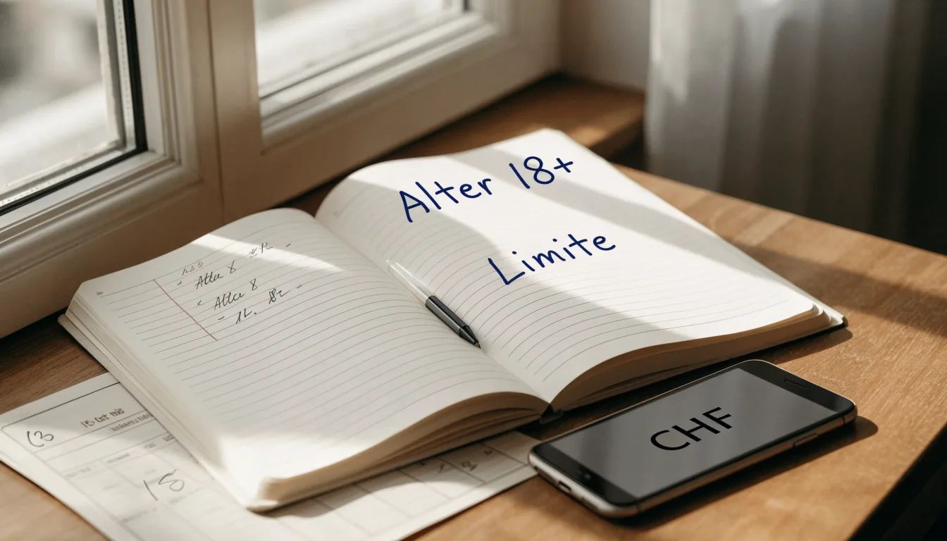 Ein aufgeschlagenes Notizbuch mit handschriftlichen Notizen und ein Kugelschreiber liegen auf einem Holztisch neben einem Fenster mit Tageslicht.