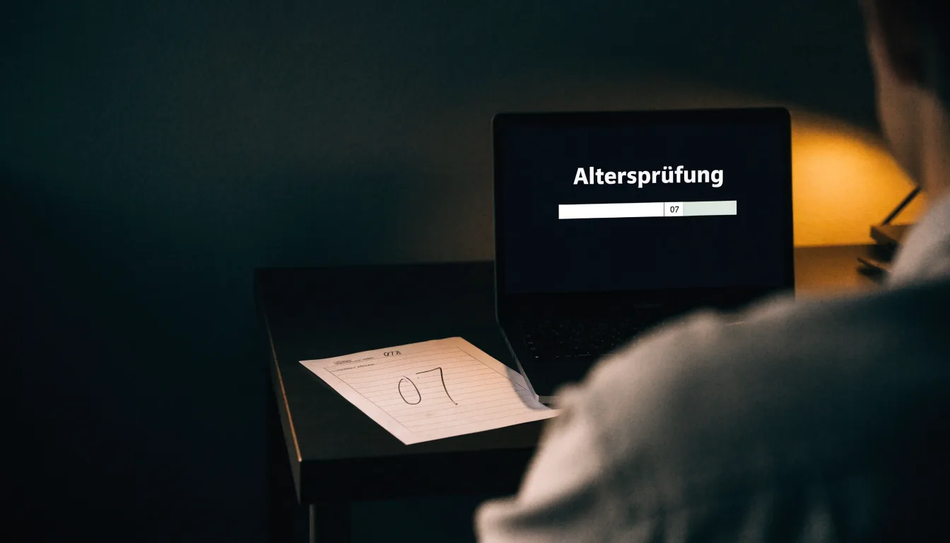 Eine kleine Messingwaage steht im Abendlicht auf einem dunklen Schreibtisch vor einem Bücherregal.