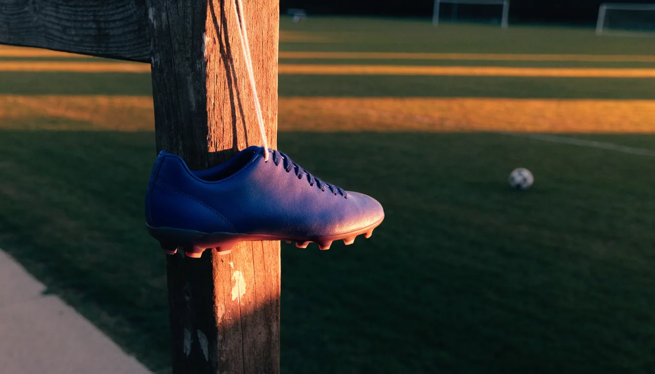 Ein Fussballschuh hängt an den Schnürsenkeln an einem Zaunpfosten neben einem Trainingsplatz im Abendlicht.
