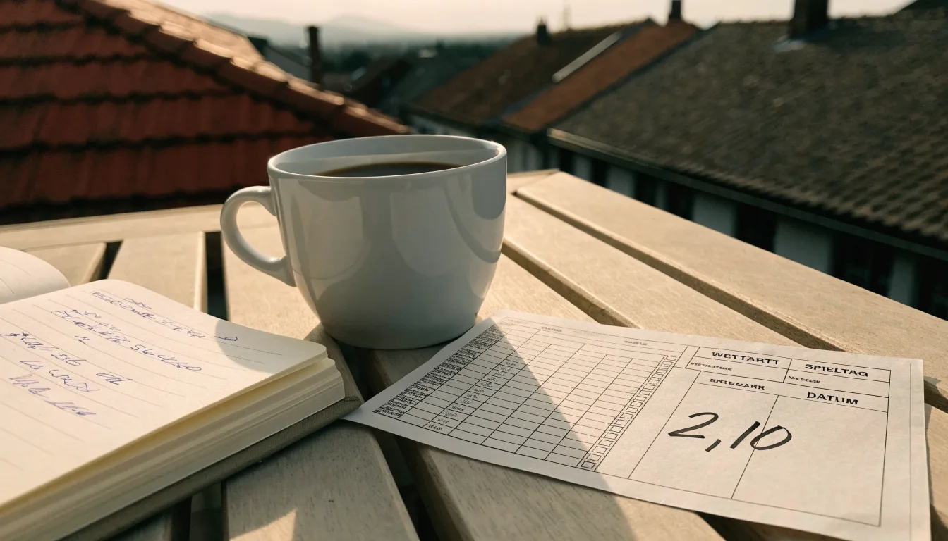 Eine Kaffeetasse und ein aufgeklappter leerer Notizblock stehen auf einem Balkontisch mit Blick über Hausdächer.