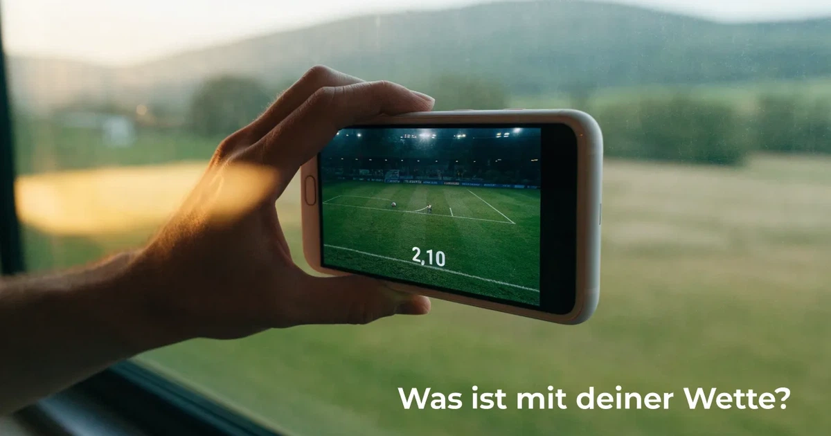 Eine Hand hält ein Smartphone mit schwarzem Bildschirm vor einem Zugfenster, draussen ziehen Hügel und Wiesen vorbei.
