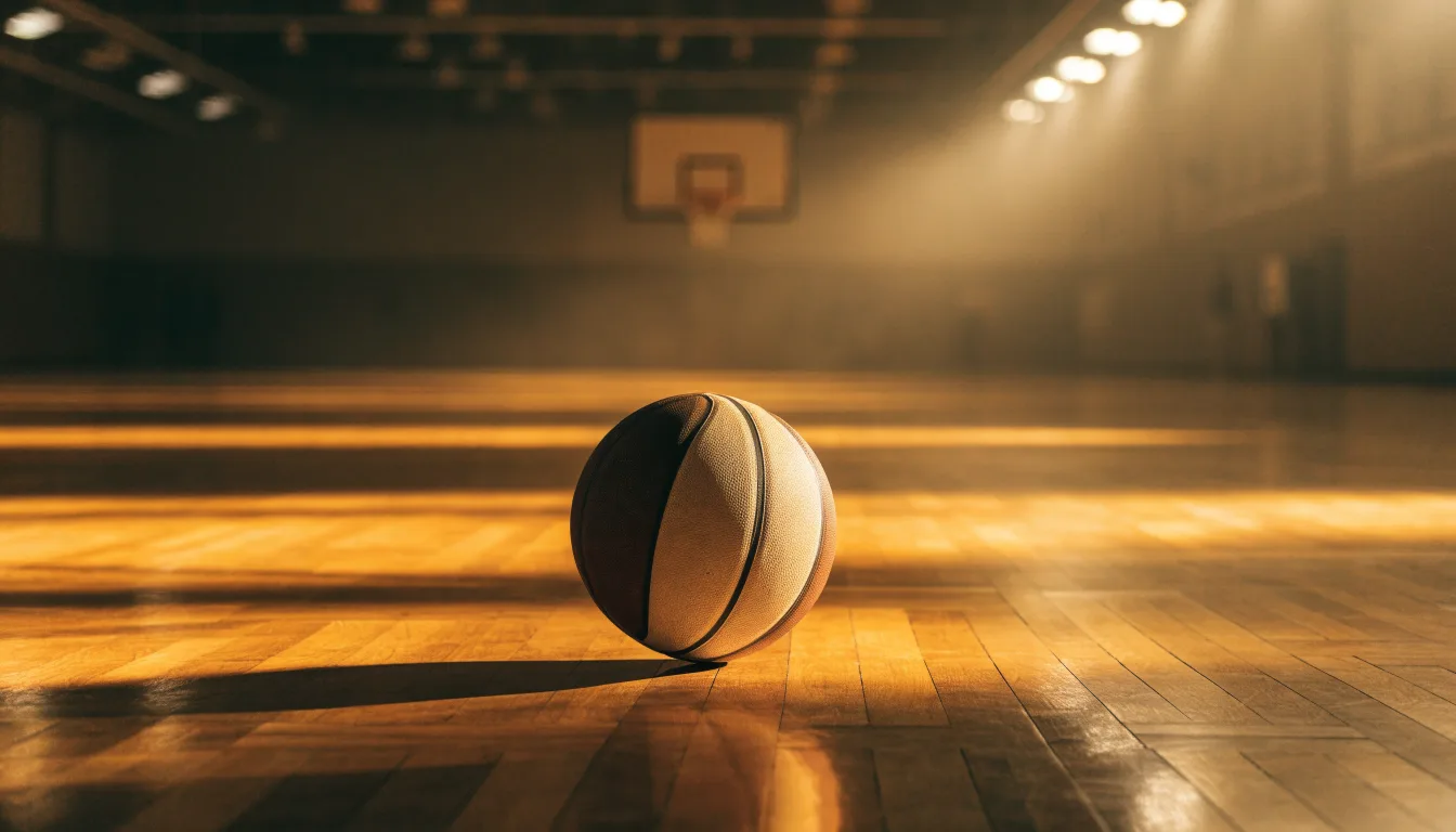 Ein Basketball liegt auf dem Parkett einer leeren Sporthalle im Licht der Deckenlampen.