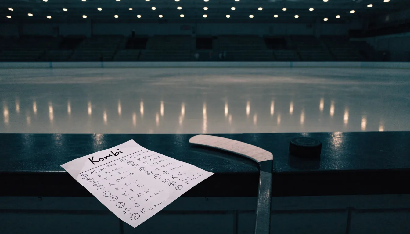 Ein Eishockeyschläger lehnt an der Bande einer leeren Halle, auf dem Eis spiegeln sich die Deckenlampen.
