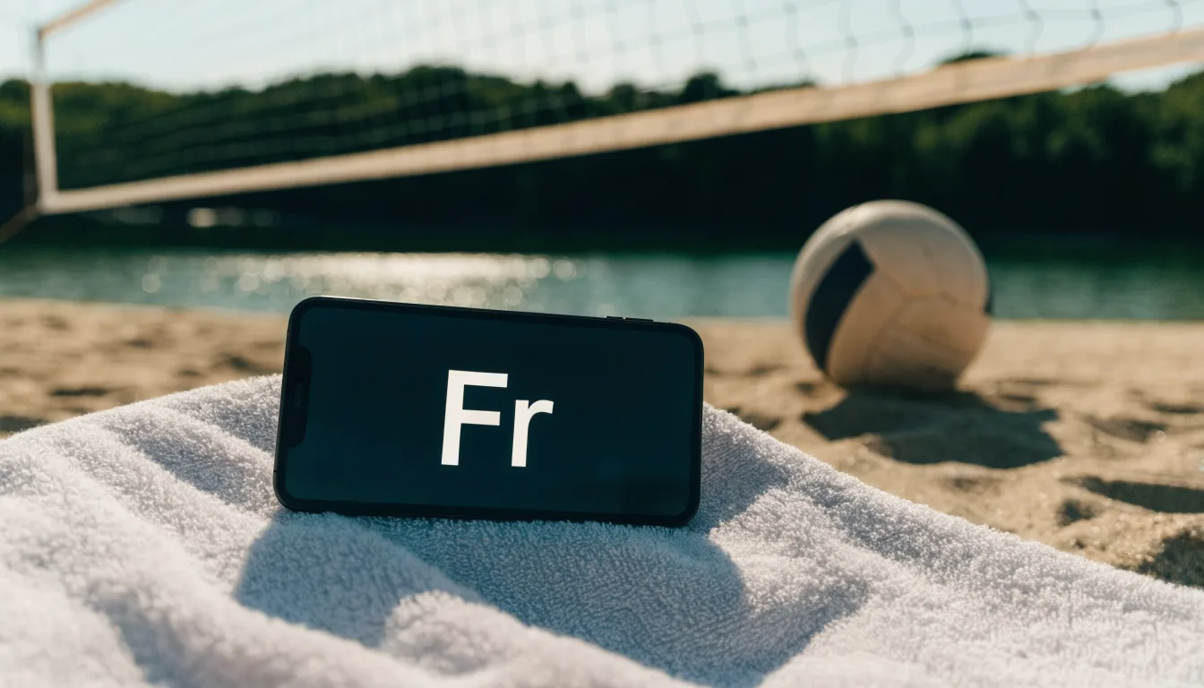 Ein Volleyball liegt auf dem Sand eines Strandfeldes am Seeufer, im Hintergrund glitzert das Wasser.