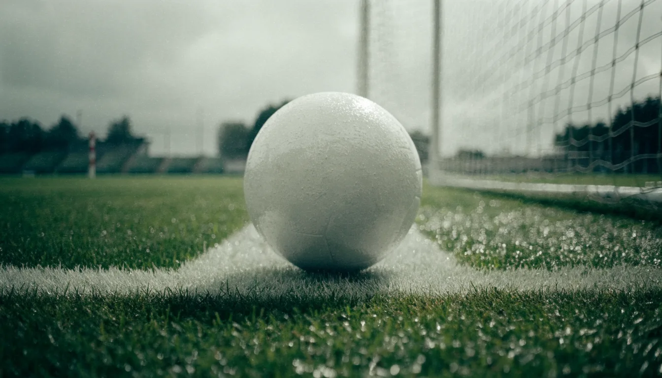 Ein einzelner Fussball liegt auf dem Elfmeterpunkt eines leeren Strafraums, der Rasen glänzt nass.