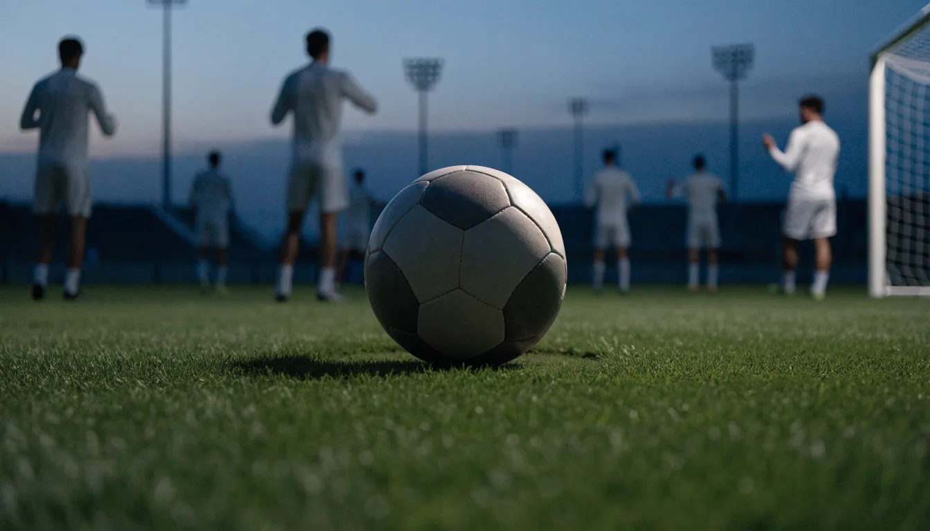 Ein Fussball liegt auf dem Mittelpunkt eines leeren Rasenplatzes, im Hintergrund ragen Flutlichtmasten in die Abenddämmerung