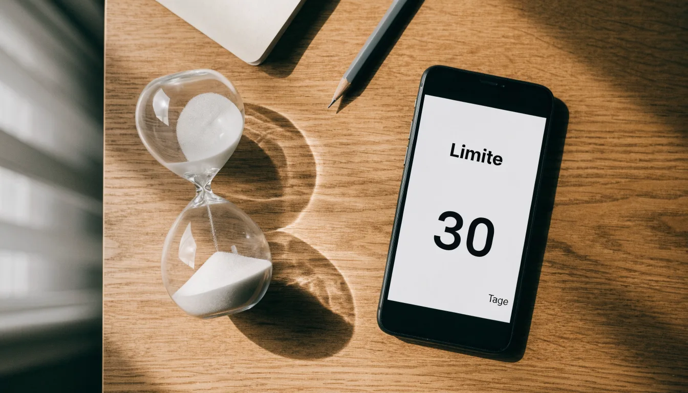 Eine Sanduhr steht neben einem Smartphone mit dunklem Display auf einem Holztisch, ruhiges Tageslicht fällt von der Seite ein