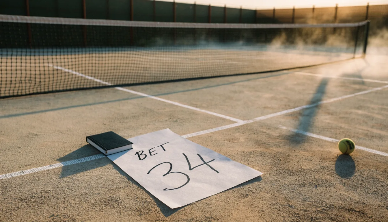 Ein Tennisplatz mit Sandbelag in der Morgendämmerung, Netz und Linien liegen im ersten Licht, Nebel hängt über dem Boden