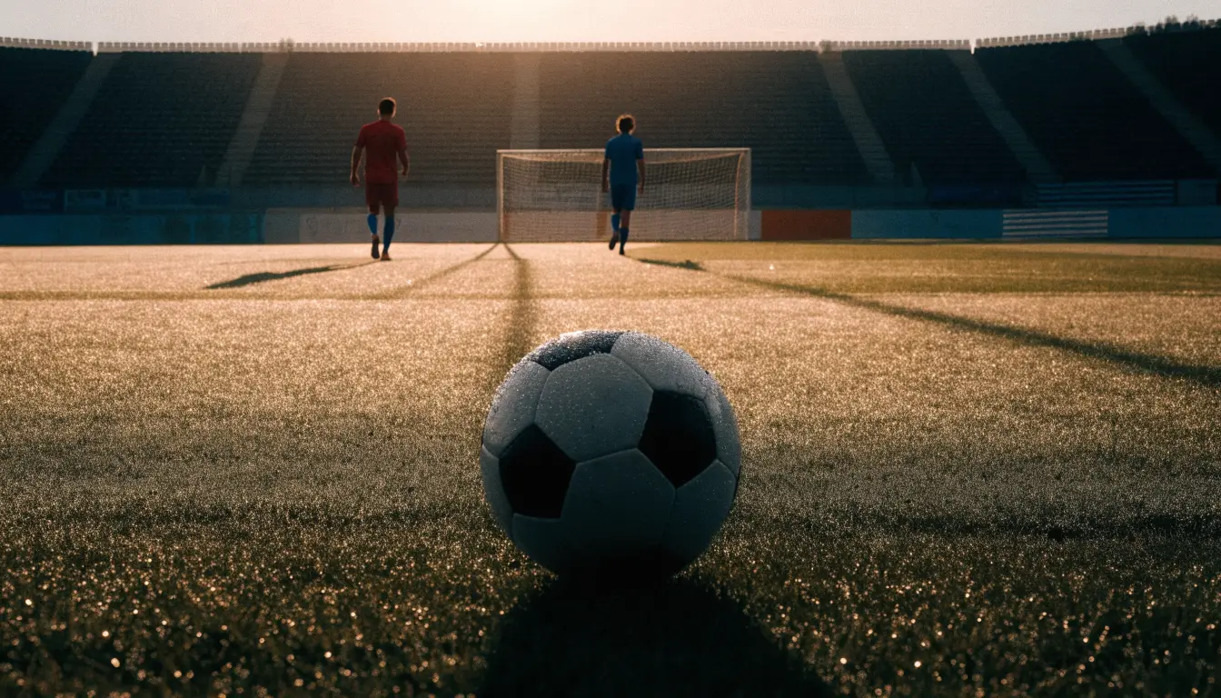 Eine leere Stadiontribüne bei Sonnenaufgang aus der Ferne, lange Schatten fallen über die Sitzreihen