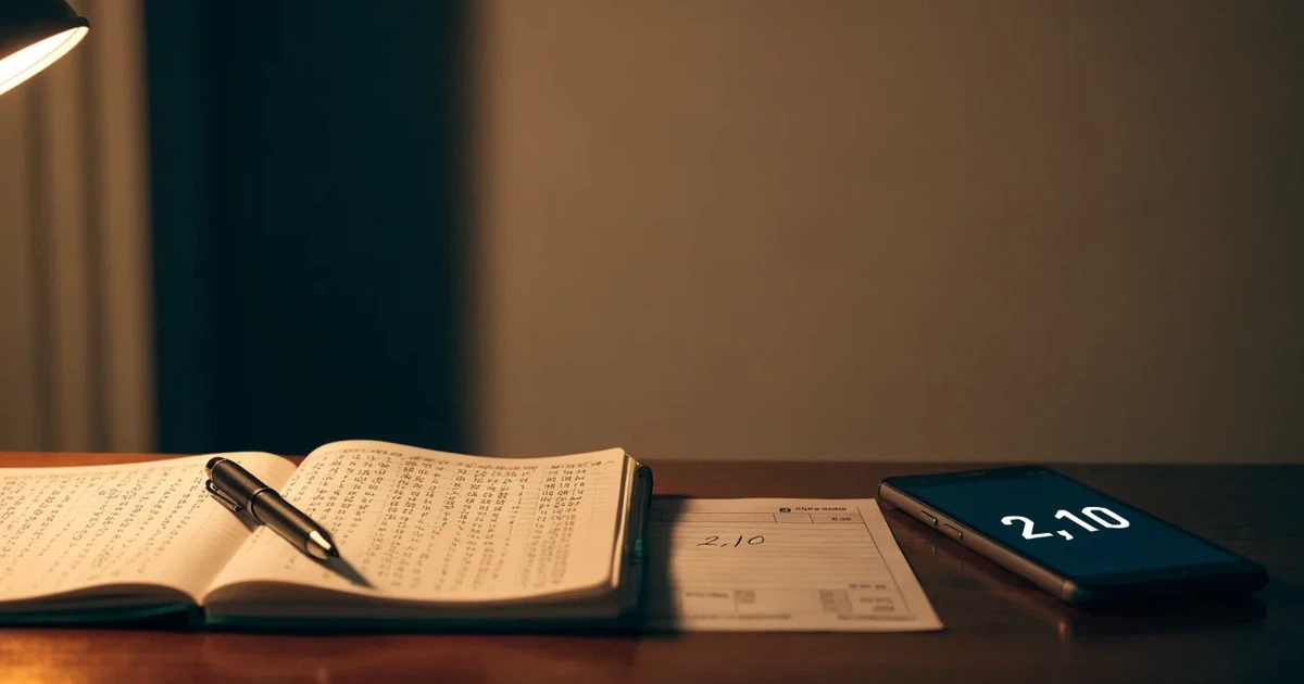 Ein Notizbuch mit handschriftlichen Spalten und ein Kugelschreiber neben einem Taschenrechner, Licht einer Schreibtischlampe